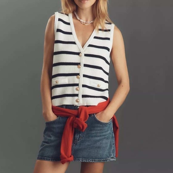Sam Edelman Sweaters - Anthropologie Winnie Sweater Vest XL Navy White NEW Gold Parisian Old Money